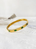 Rect Green Cz Zircon Cuff Bangle 18K Plated Inlay Stainless Steel Water Safe