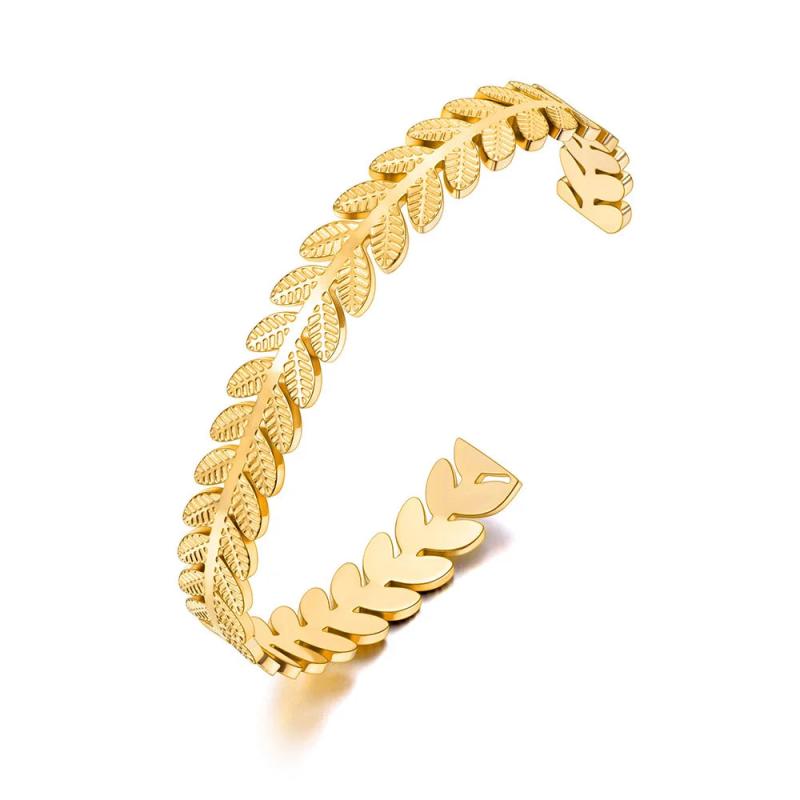 Stainless Steel Leaves Open Cuff Bracelet Rose Plated Bohemia Bangle