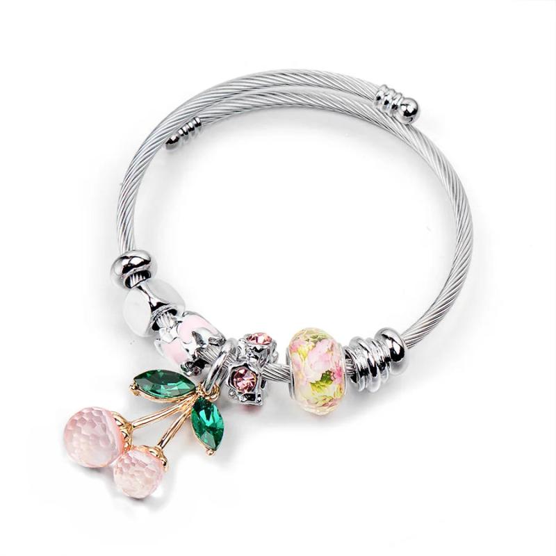Stainless Steel Big Cherry Crystal Women Bracelet Charms Bead DIY