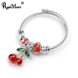 Stainless Steel Big Cherry Crystal Women Bracelet Charms Bead DIY