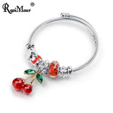 Stainless Steel Big Cherry Crystal Women Bracelet Charms Bead DIY