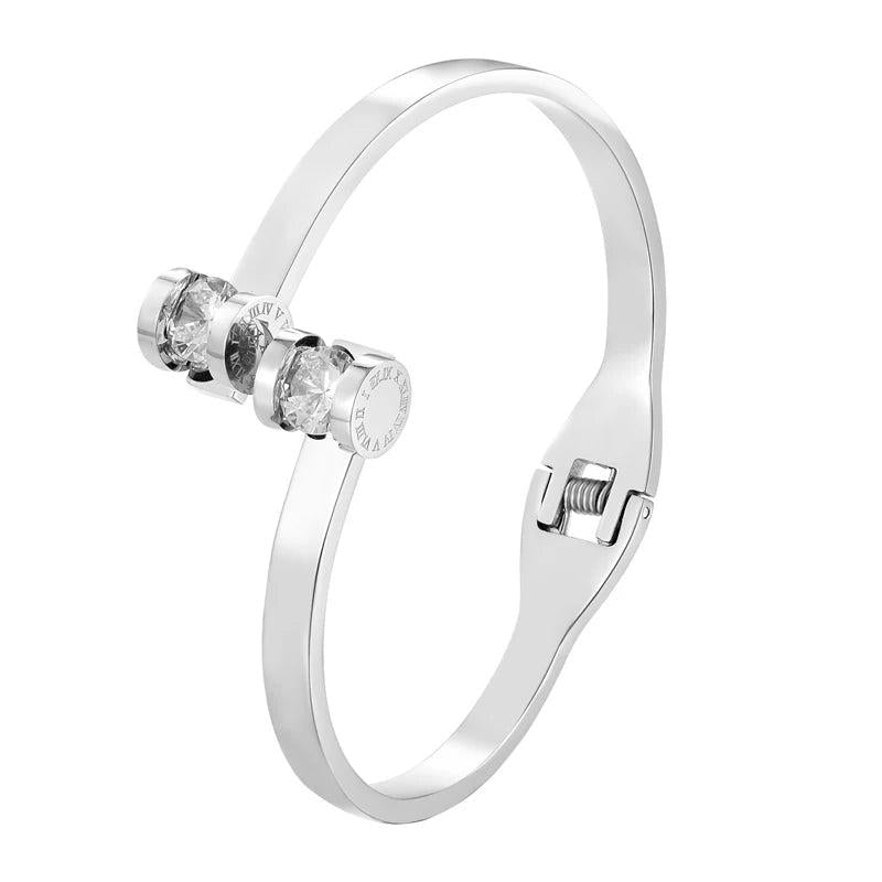 Double Roman Numeral Crystal Bracelet Stainless Steel Love Bangle