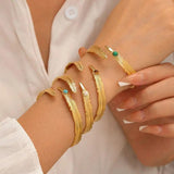 Vintage Boho Inlaid Stone Leaf Stainless Steel Bangle Bracelet