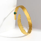 Vintage Boho Inlaid Stone Leaf Stainless Steel Bangle Bracelet