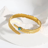 Vintage Boho Inlaid Stone Leaf Stainless Steel Bangle Bracelet
