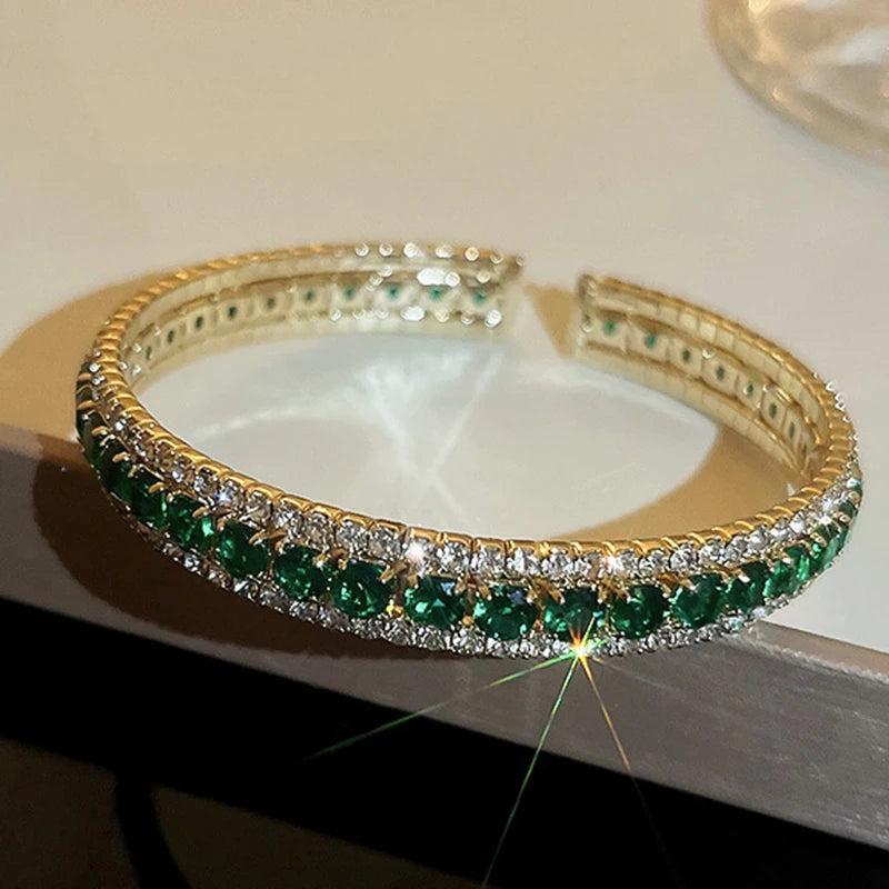Green Rhinestone Cuff Bangles Geometric Metal Bracelet Women Birthday