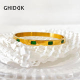 GHIDBK Stainless Steel 18K Plated Green Cz Zircon Cuff Bangle for Women