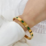 GHIDBK Stainless Steel 18K Plated Green Cz Zircon Cuff Bangle for Women
