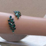 Green Crystal Bangle Bracelet Rhinestone Leaf Wedding Jewelry
