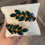 Green Crystal Bangle Bracelet Rhinestone Leaf Wedding Jewelry