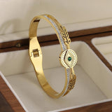 Vintage Hollow Evil Eye Stainless Steel Bangles for Women Green Crystal
