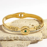 Vintage Hollow Evil Eye Stainless Steel Bangles for Women Green Crystal