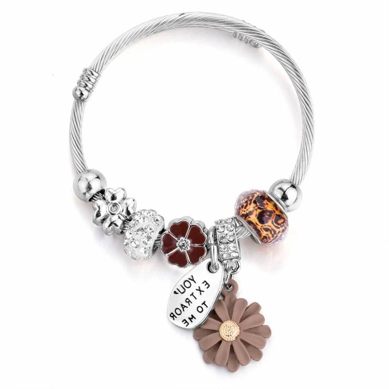 Punk Stainless Steel Chain Bracelet Crystal Bead Flower Bangle