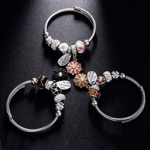Punk Stainless Steel Chain Bracelet Crystal Bead Flower Bangle