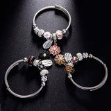 Punk Stainless Steel Chain Bracelet Crystal Bead Flower Bangle