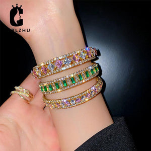 Vintage Pink Green Crystal Rhinestone Cuff Bracelet Women Open Bangles