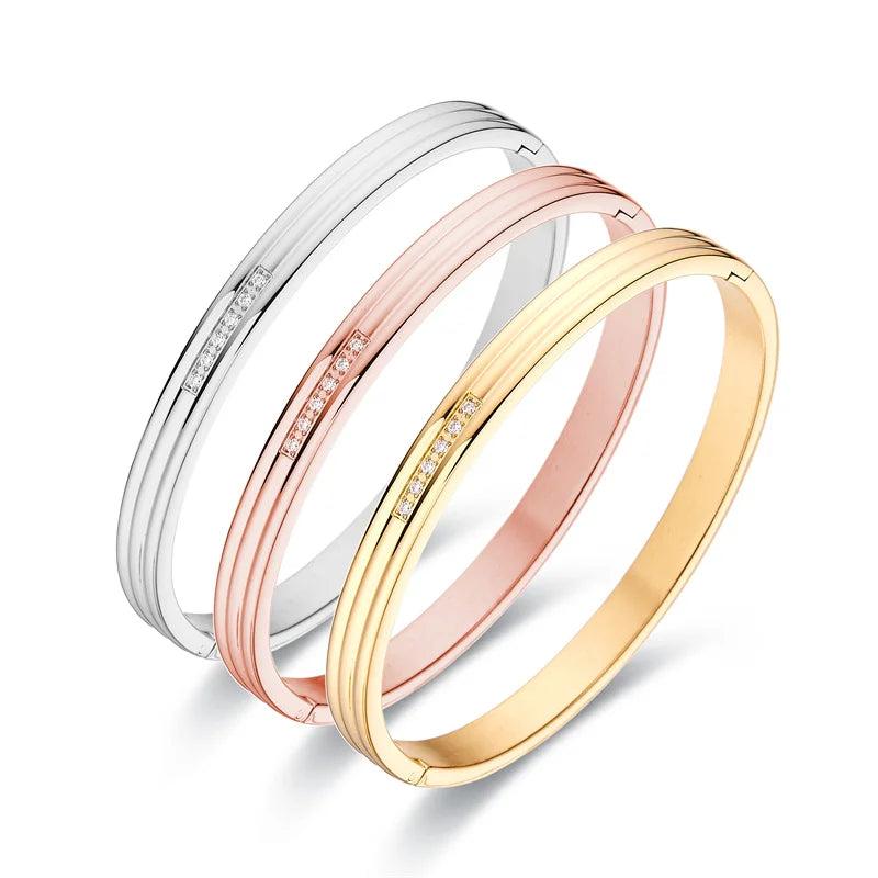 Zircon Stripe Bangle Bracelet Stainless Steel Men Women Jewelry