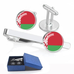 National Flag Tie Clip and Cufflinks Set, Mexico Ukraine Spain Canada Flags