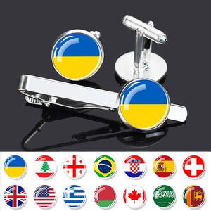 National Flag Tie Clip and Cufflinks Set, Mexico Ukraine Spain Canada Flags