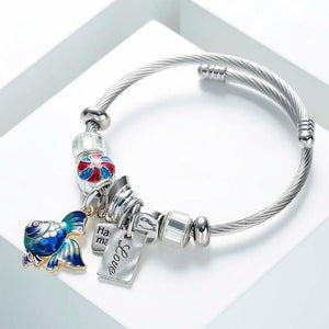 Silver Cuff Bracelet Fish Charm Crystal Beaded Bangle Pulseras Jewelry