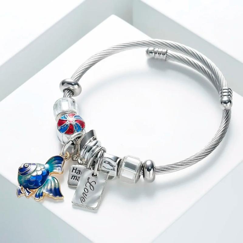 Silver Cuff Bracelet Fish Charm Crystal Beaded Bangle Pulseras Jewelry