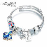 Silver Cuff Bracelet Fish Charm Crystal Beaded Bangle Pulseras Jewelry