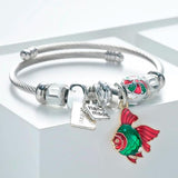 Silver Cuff Bracelet Fish Charm Crystal Beaded Bangle Pulseras Jewelry