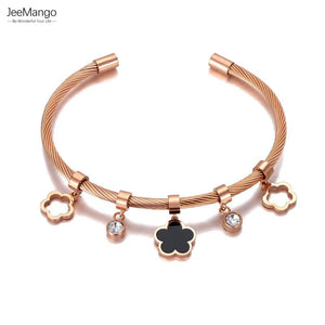 Acrylic Flower Charm Bracelet Bangle Stainless Steel CZ Crystal Jewelry