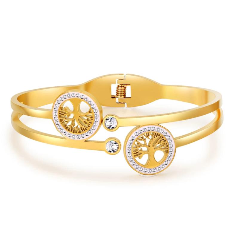 Boho Tree Charm Bangle for Women Stainless Steel Zircon Cuff Jewelry
