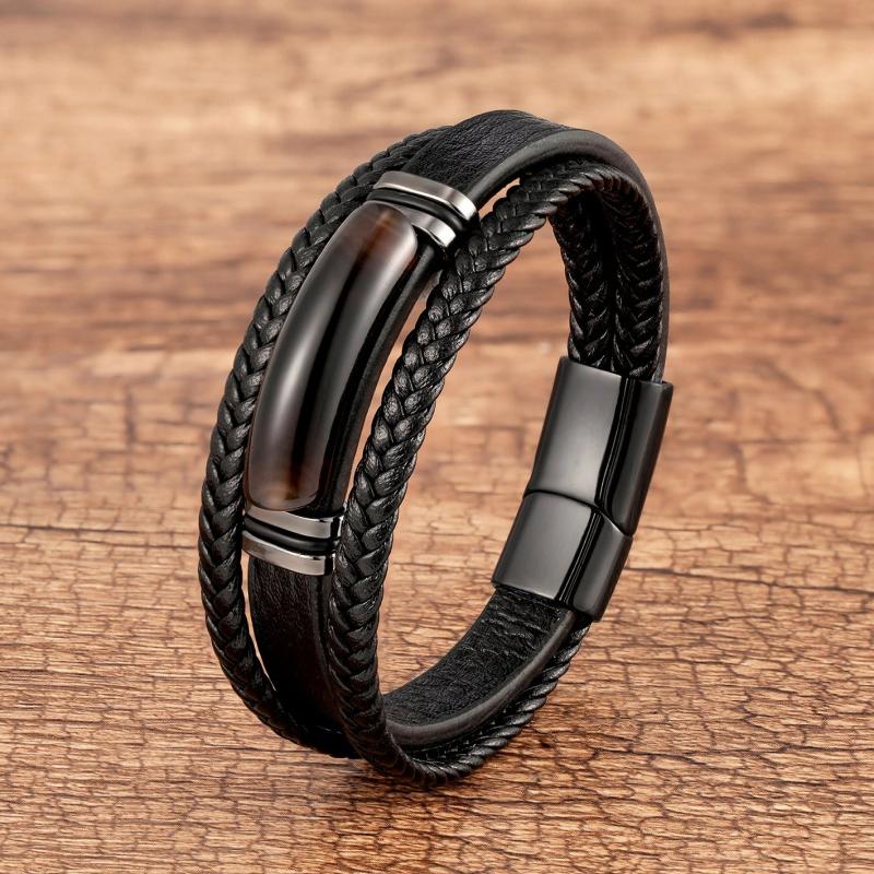 Tiger Eye Stone Charm Bracelet Multilayer Leather Rope Men's Bangle