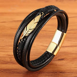 Feather Shape Men's Leather Bracelet Stainless Steel Gift