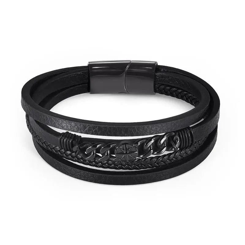 Stainless Steel Charm Men Bracelet Magnetic Clasp Mutilayer Leather Wrapping