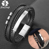 Stainless Steel Charm Men Bracelet Magnetic Clasp Mutilayer Leather Wrapping