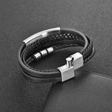 Stainless Steel Charm Men Bracelet Magnetic Clasp Mutilayer Leather Wrapping