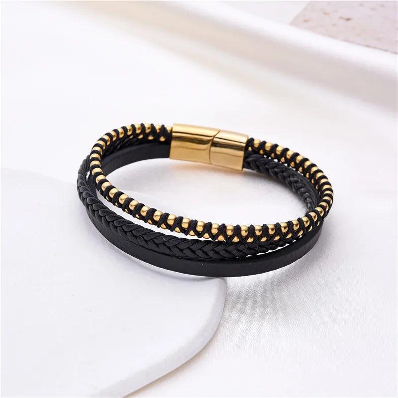 Men's Leather Ball Bracelet Stainless Steel Braided Hand-Made Jewelry