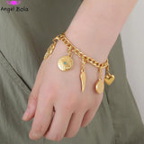 Punk Pendant Bracelet for Women Stainless Steel Heart Angel Wings