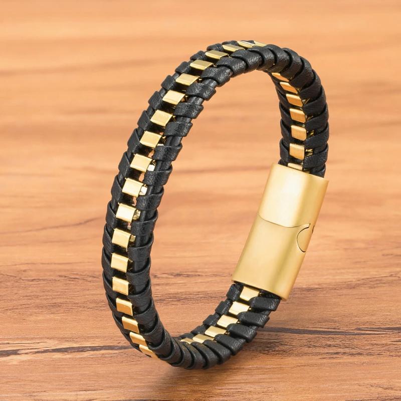 Braided Rope Woven Leather Men Bracelets Punk Style Stainless Steel Bangle