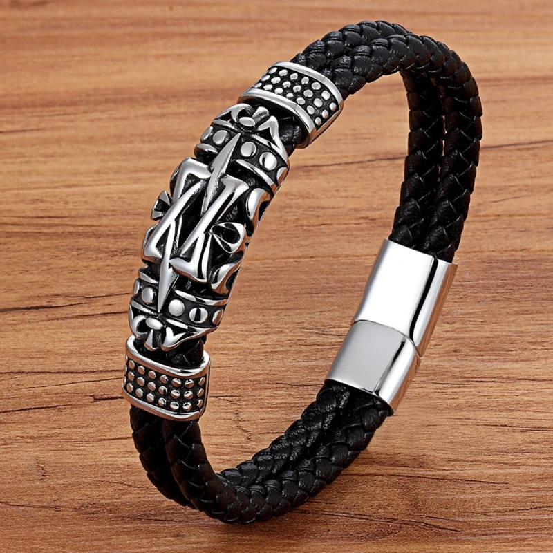 Men's Leather Stainless Steel Bracelet Rope Chain Wristband