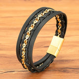 Leather Mens Bracelet Stainless Steel Magnetic Buckle Chain Jewelry Gift