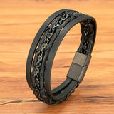 Leather Mens Bracelet Stainless Steel Magnetic Buckle Chain Jewelry Gift