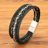 Leather Mens Bracelet Stainless Steel Magnetic Buckle Chain Jewelry Gift