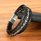 Leather Mens Bracelet Stainless Steel Magnetic Buckle Chain Jewelry Gift