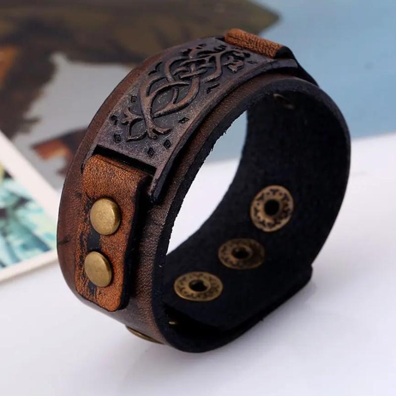 Vintage Men's Leather Bracelet Stainless Steel Bangle Punk Jewelry