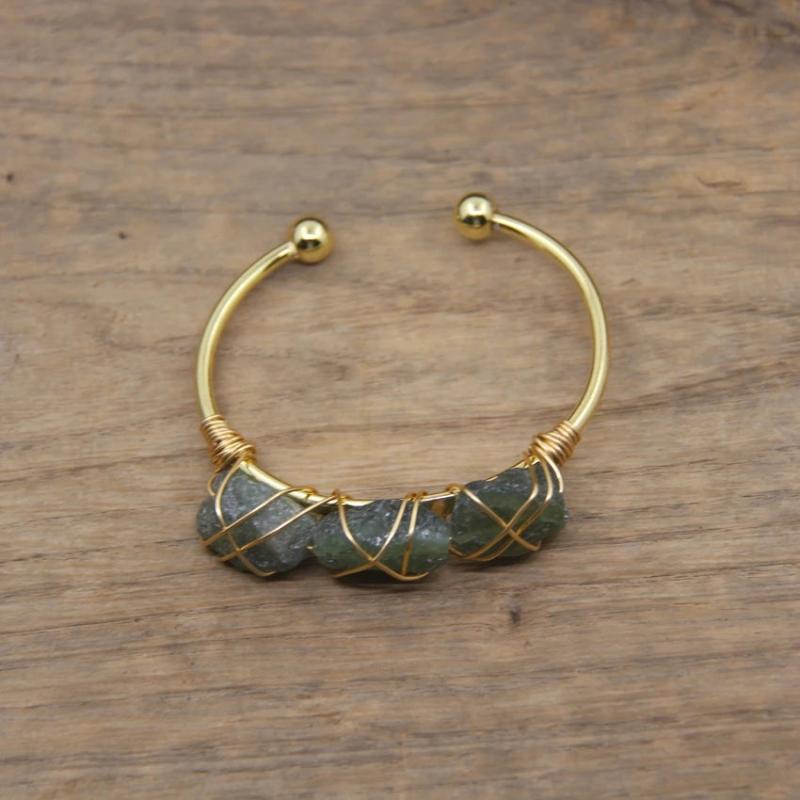 Fluorite Quartz Beads Cuff Bracelet Golden Wire Wrap