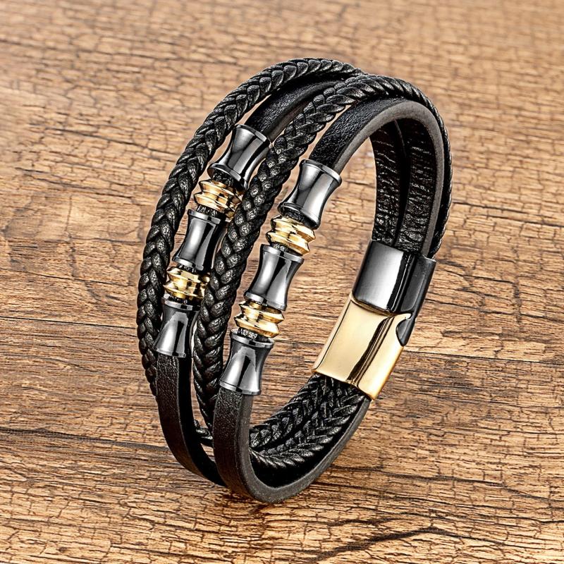 YAN MIN Stainless Steel Bracelet Men Wrist Band Woven Leather Rope