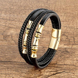 YAN MIN Stainless Steel Bracelet Men Wrist Band Woven Leather Rope