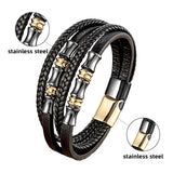 YAN MIN Stainless Steel Bracelet Men Wrist Band Woven Leather Rope