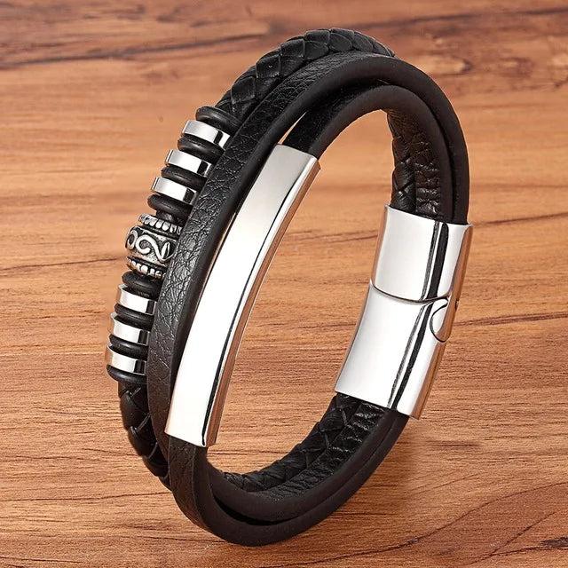 Men's Multilayer Braided Leather Bracelet Stainless Steel Charm Magnetic Clasp