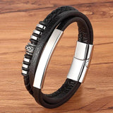 Men's Multilayer Braided Leather Bracelet Stainless Steel Charm Magnetic Clasp
