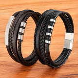 Men's Multilayer Braided Leather Bracelet Stainless Steel Charm Magnetic Clasp
